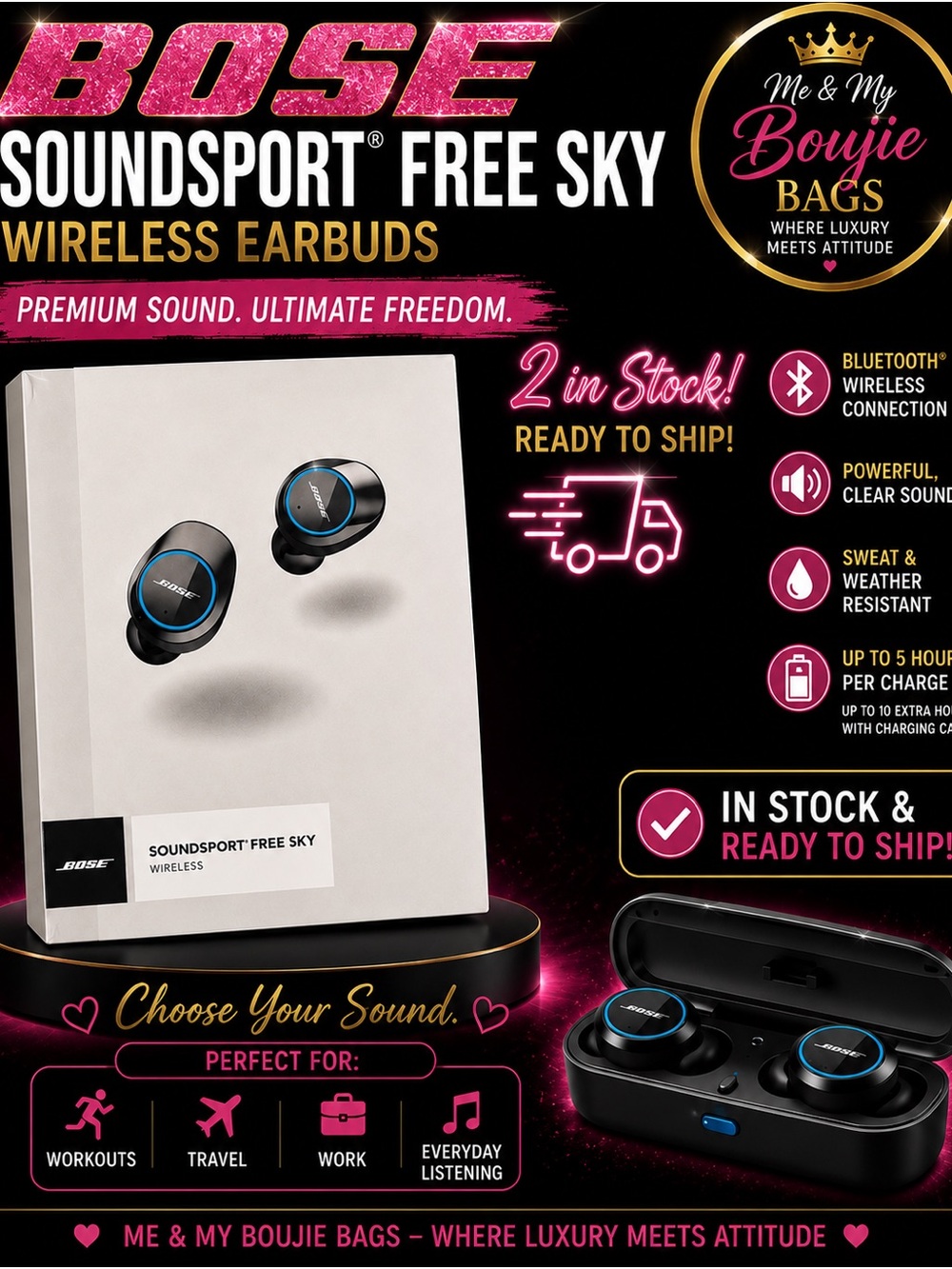 Bose SoundSport Free Sky Wireless Earbuds — Black with Blue Accents